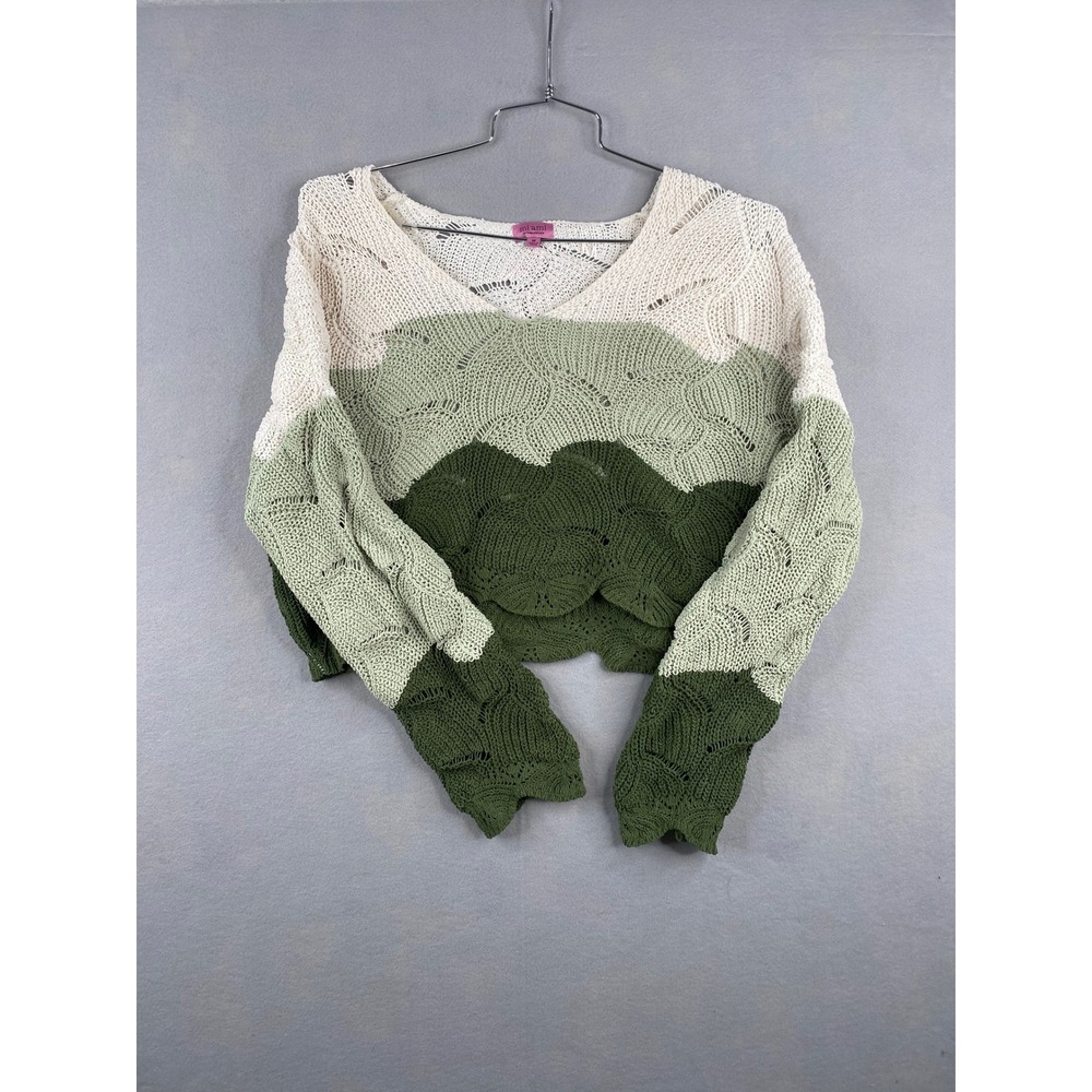 Mi Ami for Francesca's Green Cream Colorblock Cropped Pointelle Sweater Medium